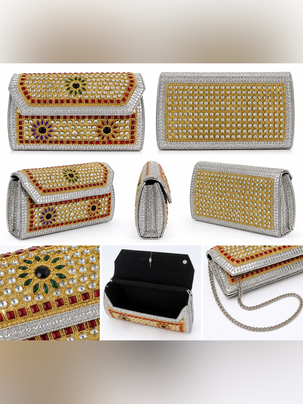 Embellished Gold and Silver Jeweled Evening Clutch
